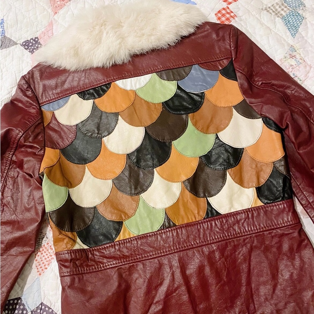 70s vintage patchwork leather jacket with rabbit fur collar